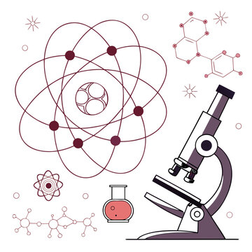 Scientific research laboratory equipment microscope atom and chemical molecular structure vector