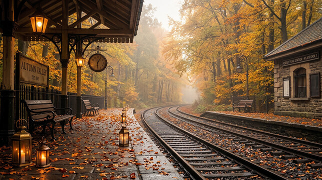 Autumn Train Station Scene with Falling Leaves and Warm Lighting
