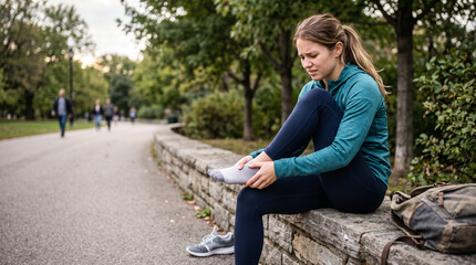 Fototapeta premium Woman suffering from foot pain in park. Runner touching injured ankle after workout.