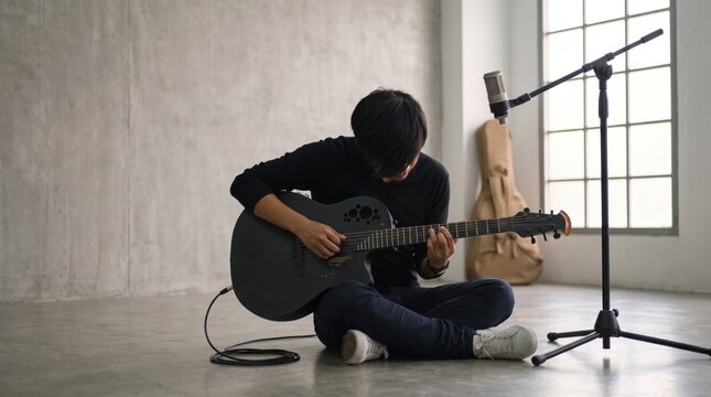 Musician playing an acoustic guitar in a recording studio, singer songwriter, music production, creative arts, microphone setup, indoor session, musical instrument performance