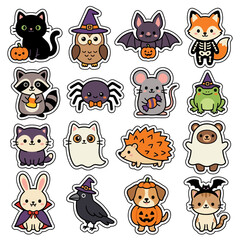 Cute Halloween Animals Sticker Sheet, Kawaii Spooky Critters Clip Art Vector, 16 Cartoon Designs for Party isolated on White Background Halloween