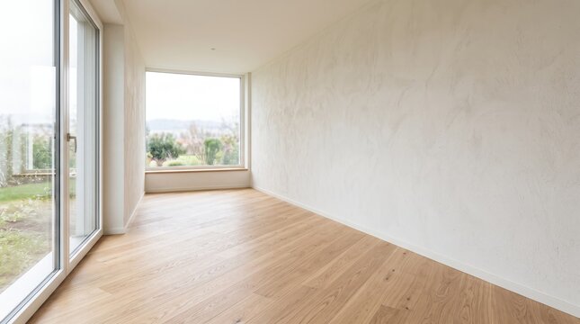 Bright empty modern room with light wood floor and large windows, minimalist interior design for new home or apartment, natural daylight entering spacious living area, clean white