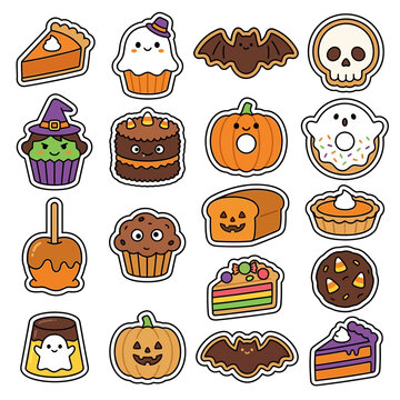 Cute Halloween sweets and desserts collection. Cartoon vector stickers set with pie, cake, cupcake, donut, pumpkin, candy and brownie characters. isolated on White Background Halloween