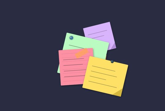 Colorful sticky notes with written lines pinned on a dark surface for office reminders and task management to organize professional work activities in a flat vector style