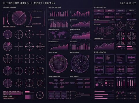 Futuristic hud and UI asset library dark purple interface with data charts and graphs sci fi interface futuristic technology hologram graphics abstract statistics analytics monitoring