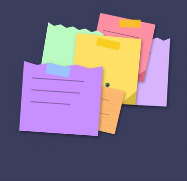 Colorful sticky notes attached with tape on a dark purple background for office work and organization to display important messages and daily reminders for school and business