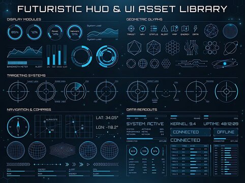 Advanced futuristic hud UI asset library with blue digital control panels sci fi interface futuristic technology dashboard hologram elements monitoring analytics software information