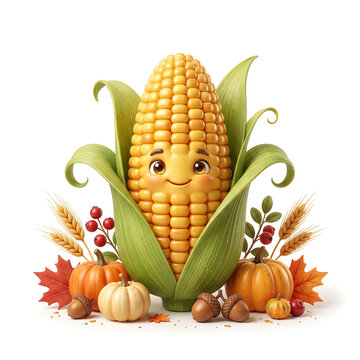 Anthropomorphic corn cob with a smiling face is surrounded by autumn harvest elements