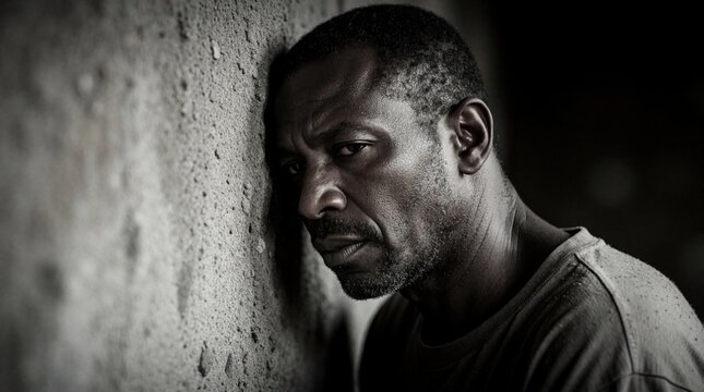 Man leans on concrete wall showing distress. His somber face conveys deep sadness, loneliness, and despair. He seems weary and powerless in this urban setting.