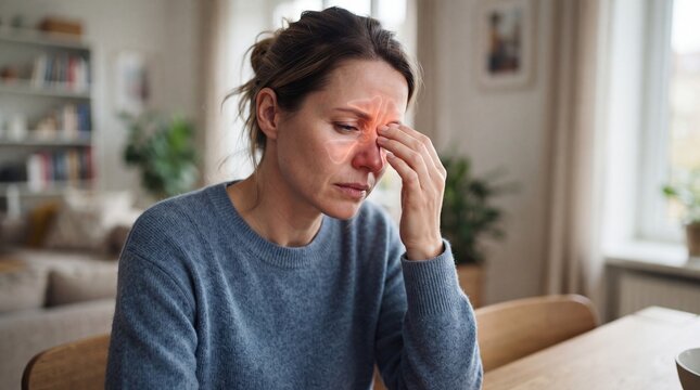 Woman Experiencing Sinus Pressure and Facial Pain at Home