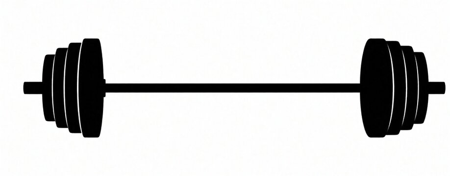 Black barbell icon with weight plates on white background represents weightlifting and strength training. Gym equipment for fitness and bodybuilding workouts.