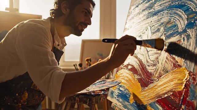 Talented Male Artist Painting Abstract Art with Brush on Canvas in Sunny Studio