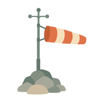 Hand-traced vector illustration of an orange and beige striped wind sock mounted on a gray weather pole, anchored atop a cluster of stylized gray mountain rocks, perfect flat design icon for