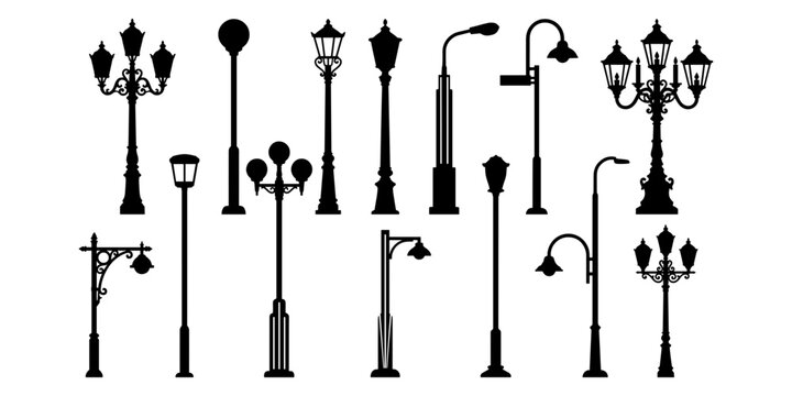 Collection of black silhouettes of various street lamps and vintage lampposts lighting