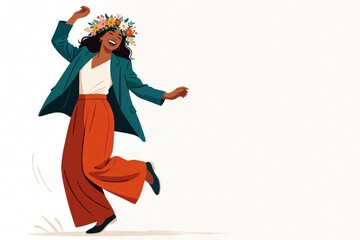 Fototapeta premium Woman wears flower crown and orange pants, dances happily in blue jacket. Flat illustration style with copy space on white background. Energetic movement shown.