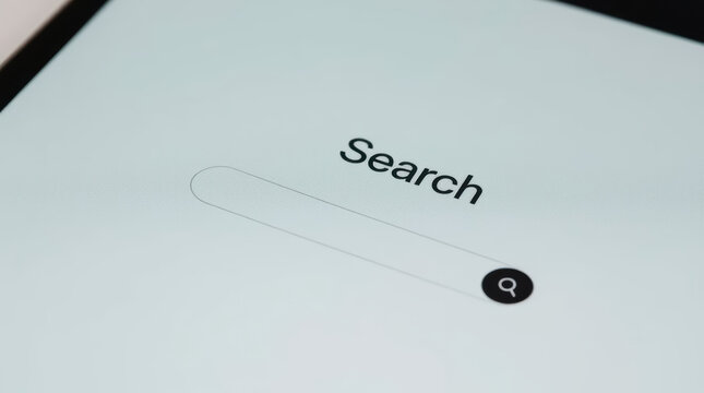 Close up tablet search interface with blank input field and magnifying glass icon