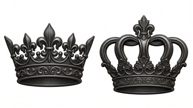 Two ornate black gothic crowns with fleur-de-lis and intricate filigree details isolated on a white background, representing dark royalty, power, and medieval fantasy authority in a matte finish.