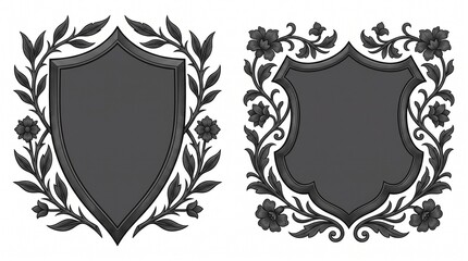Fototapeta premium Set of two vintage monochromatic heraldic shields featuring ornate floral vine borders and elegant leaf decorations, ideal for classic insignias, emblems, and decorative crest designs.