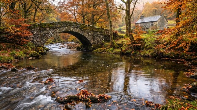 Autumn stone arch bridge over babbling stream waters, orange golden foliage trees, rural countryside house landscape with river reflection and forest nature scenery