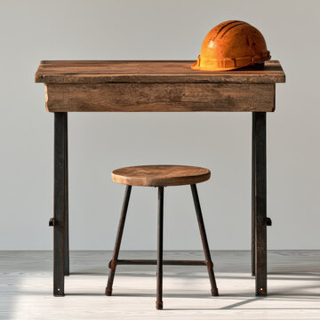 Wooden desk construction helmet wooden stool metal legs minimalist industrial rustic workspace safety education