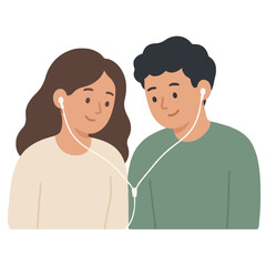 Obraz premium Hand-drawn vector illustration of a cheerful young couple sharing earbuds and listening to music together, isolated cartoon characters with warm pastel colors and clean outlines