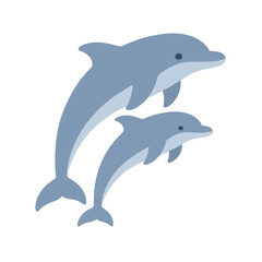 Naklejka premium Two dolphins jumping together in graceful leap, charming hand-traced vector icon illustration with soft blue tones and clean minimalist marine design for ocean themes