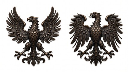 Fototapeta premium A pair of intricate bronze eagle emblems with outspread wings isolated on white, showcasing regal heraldic details and aged metallic textures under soft lighting for a powerful, historic look.