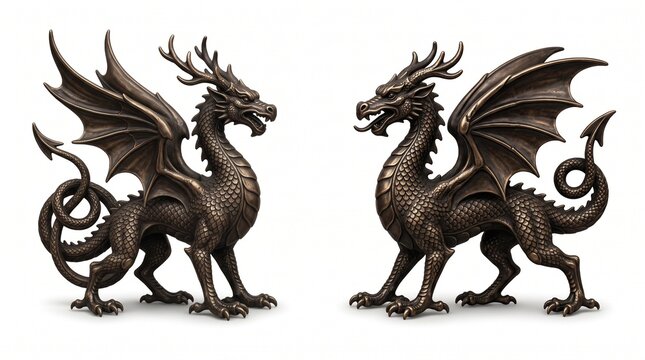 Two ornate bronze dragon sculptures facing each other against a white backdrop, featuring intricate scales, large wings, and coiled tails in soft studio light, conveying a sense of ancient fantasy.