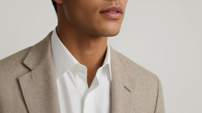 Close up stylish man upper torso jawline beige blazer white shirt