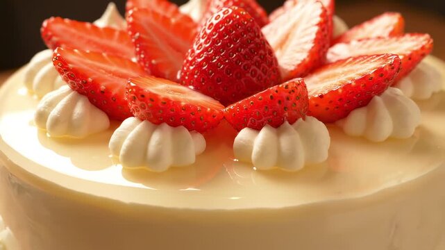 Delicious strawberry cheesecake dessert decorated with fresh strawberries and whipped cream on top, creamy white cake with elegant fruit topping, premium bakery product, sweet dessert food photography