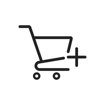 Simple line art icon of a shopping cart with a plus symbol for adding items