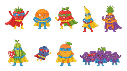 Fototapeta premium Cute Superhero Fruit Mascot Character Vector Icon Set Featuring Strawberry Orange Apple Banana Pineapple Watermelon Mango Blueberry and Grapes for Kids Brand Designs