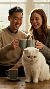 Happy Couple Toasting Coffee With Grumpy Cat - A smiling couple enjoys coffee together, toasting their mugs while a fluffy white cat with a grumpy expression sits on the table.