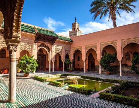 Mausoleum of Moulay Ismail interior courtyard arch traditional zellij tilework meknes morocco