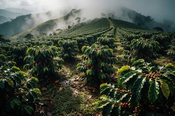 Fototapeta premium Coffee plants with red beans grow on misty mountain slopes. Rows of green bushes climb uphill under cloudy skies. Natural landscape shows agricultural plantation.