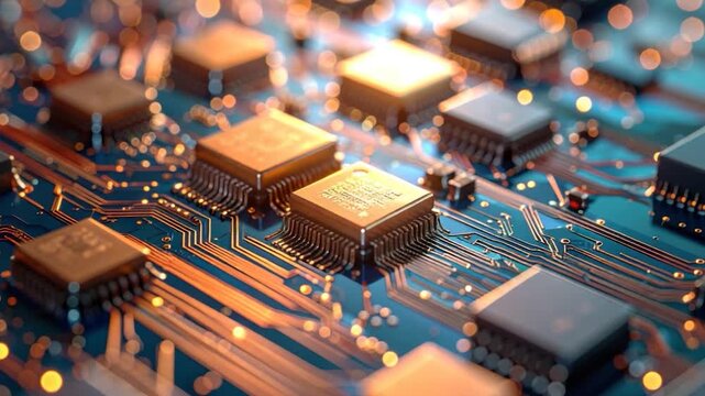 Close-up of a circuit board with integrated circuits, glowing with warm light