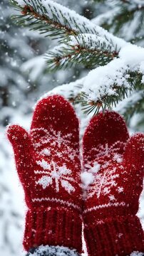 Red Knitted Mittens with Snowflakes in Winter Forest - A close-up view of red knitted mittens adorned with white snowflakes, held up against a backdrop of a snow-covered pine tree.