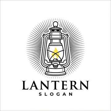 Vintage lantern logo design with glowing flame and sunburst lines