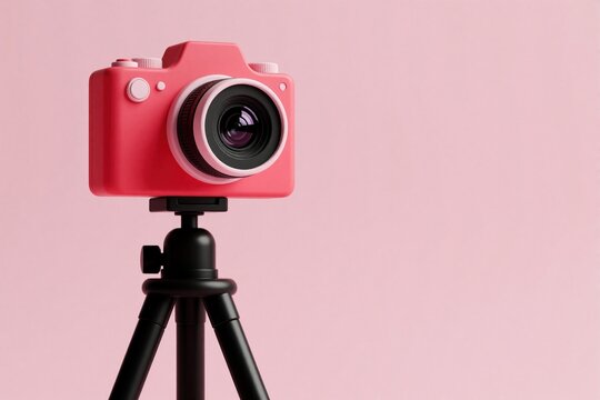 Cute pink camera with lens sits on small tripod against pastel background. Modern device ready for content creation and social media posts. Minimalist studio setup for digital production.