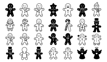 Naklejka premium Collection of festive black and white gingerbread men and women illustrations