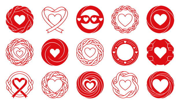 Collection of red heart shaped logos and symbols with woven and circular designs