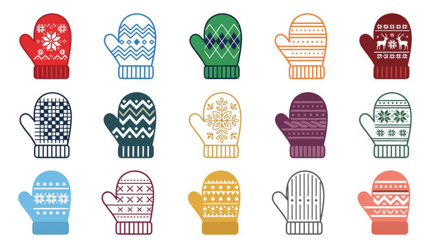 Collection of colorful knitted mittens with various winter patterns and designs