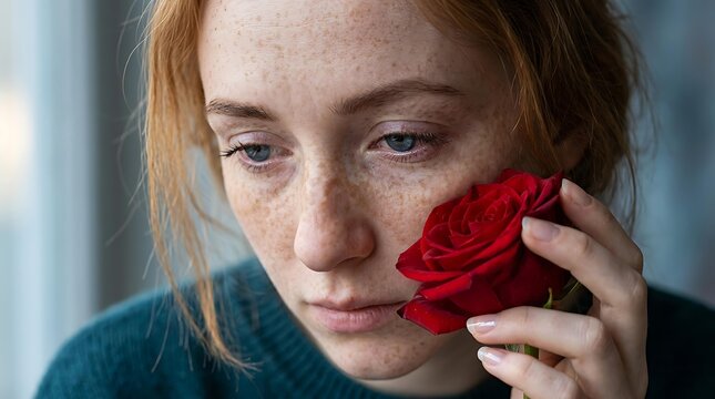 Sad woman with freckles and watery eyes holding a red rose, heartbroken sad woman mourning her loss with tears, emotional sad woman portrait expressing deep grief and loneliness.