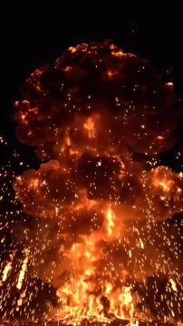 Powerful Fire Explosion with Orange Flames and Sparks - A massive, powerful fire explosion erupts with intense orange flames and a shower of glowing sparks against a dark black background.