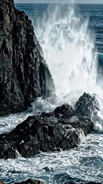 Powerful Waves Crashing Against Dark Coastal Rocks - Massive, powerful ocean waves dramatically crash against dark, jagged coastal rocks, creating a spectacle of white spray and deep blue water.