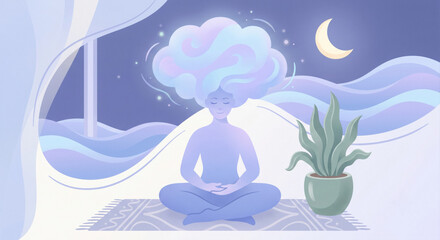 Naklejka premium Meditating person with swirling cloud hair against a night sky for mindfulness and mental health.