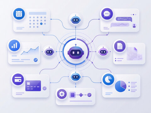 Artificial intelligence chatbot central hub connecting to various business management modules.