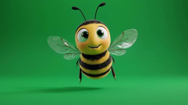 Animated happy bee flying with wings spread against a green studio background with subtle lighting