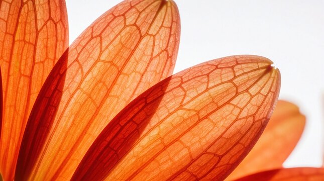 Extreme macro shot of orange gerbera petals. Detailed plant veins, semi transparent texture create bold skeleton effect. Bright flower parts show intricate organic pattern against white background.