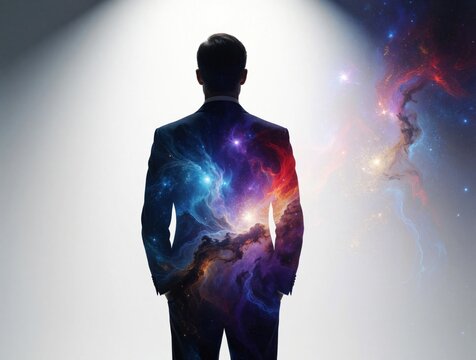 Man in suit with galaxy and stars overlay. Represents big ideas, cosmic thinking, and human potential. Concept of infinite possibility in business.